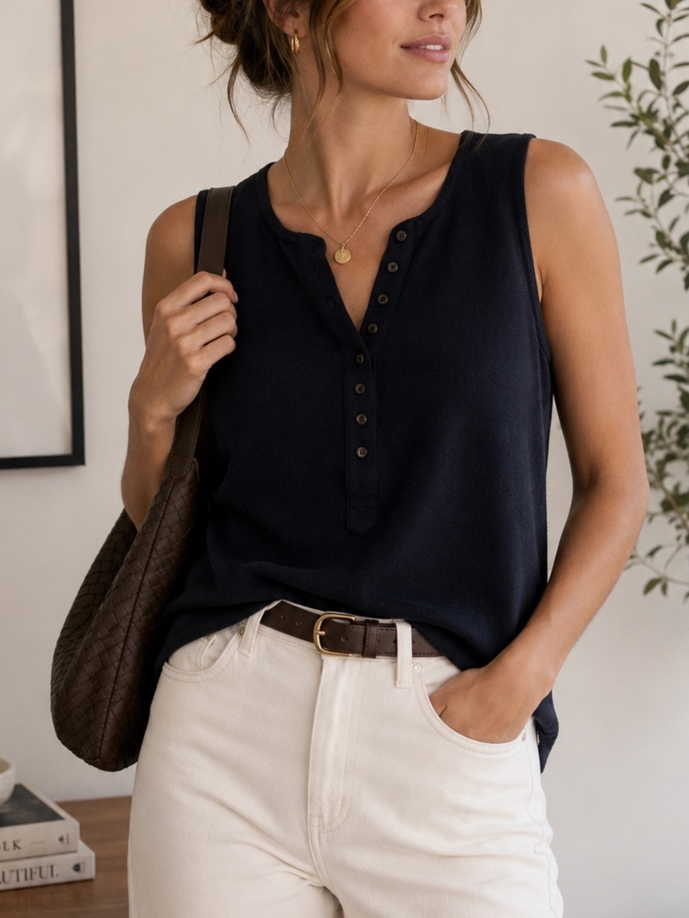Studio Marisa Christina Sleeveless Knit Henley Tank Top Navy Women’s M